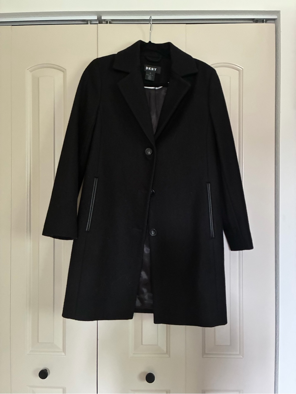 DKNY Black Wool-Blend Pea Coat with Notch Collar